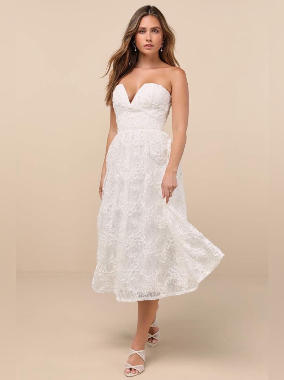 NWT LULUS | Galena Ivory Lace Applique Strapless Midi Dress, S